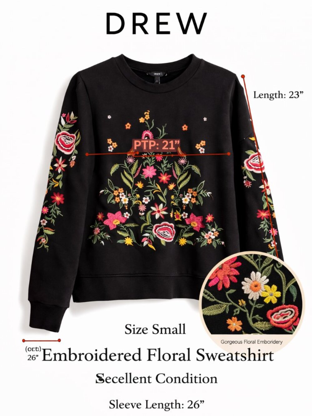 Drew Floral Embroidered Sweatshirt Small Black Crewneck Boho Statement Pullover - Picture 3 of 9
